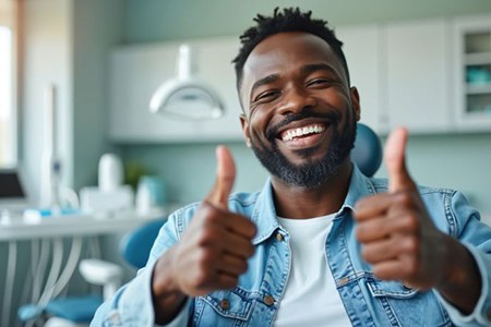 Happy patient giving two thumbs up